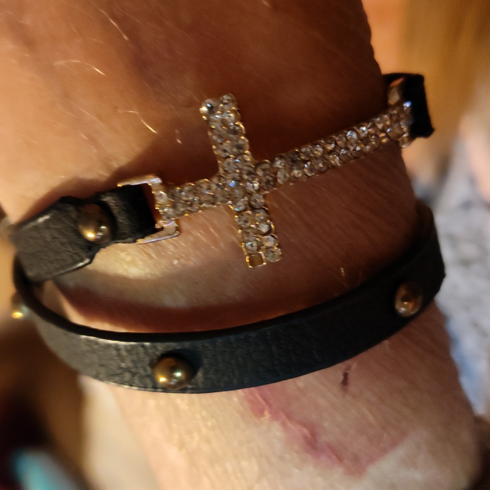 Black leather, Wrap around Cross Bracelet